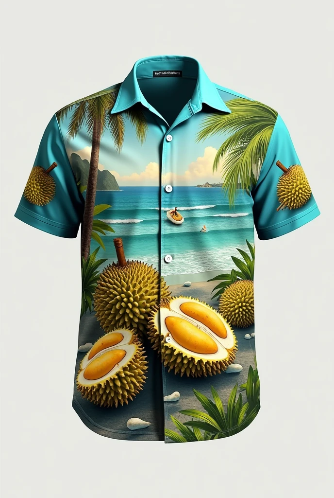 Design a shirt with sleeves featuring durian, the sea and the word Trat. The proportions are appropriate.