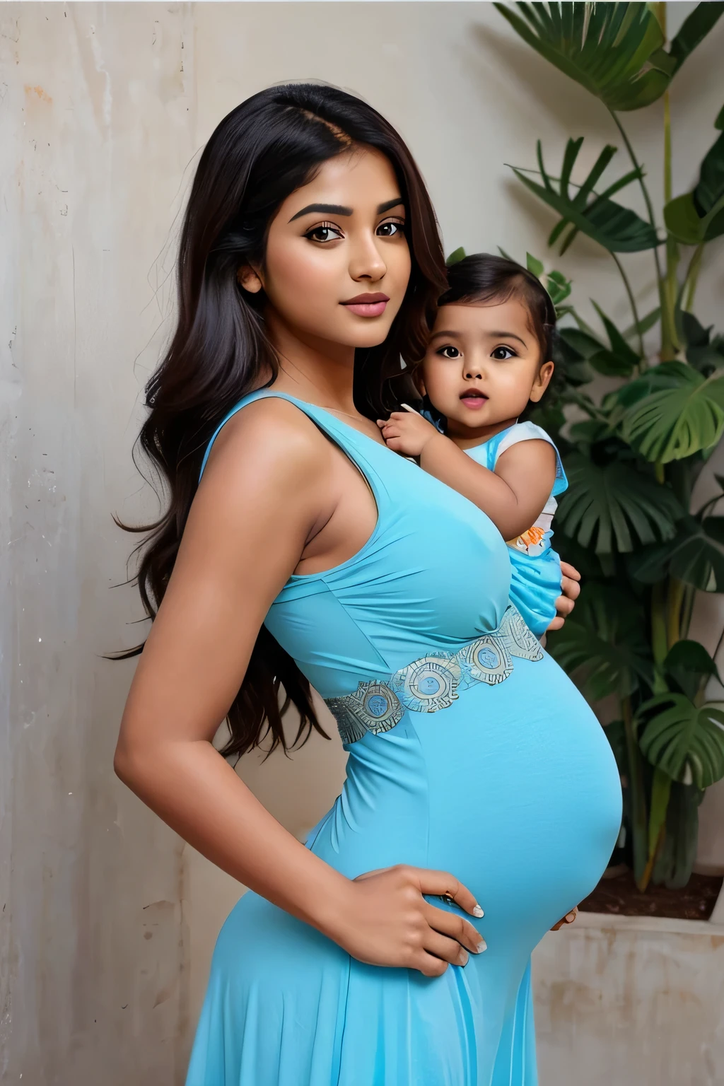 12 years cute beautiful face with hot indian super bowl girl only with his 5 years cute little beautiful baby pic with pregnant with stylish sky blue colour modern trending hot sexy dress with hot full size full romantic hot sexy moody pic