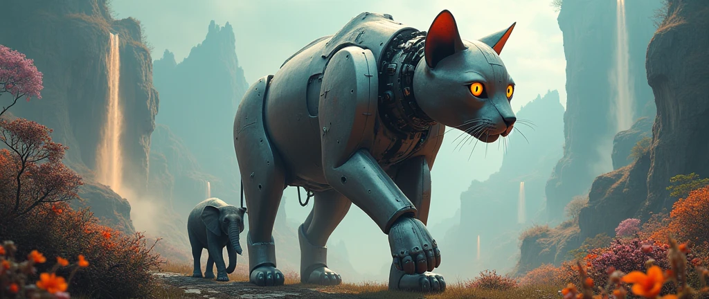 a giant mechanical cat, a tiny elephant, walking together, detailed realistic, photorealistic, 8k, highly detailed, masterpiece, dramatic lighting, surreal, whimsical, fantasy, vibrant colors, fantasy landscape, cinematic, emotional, magical