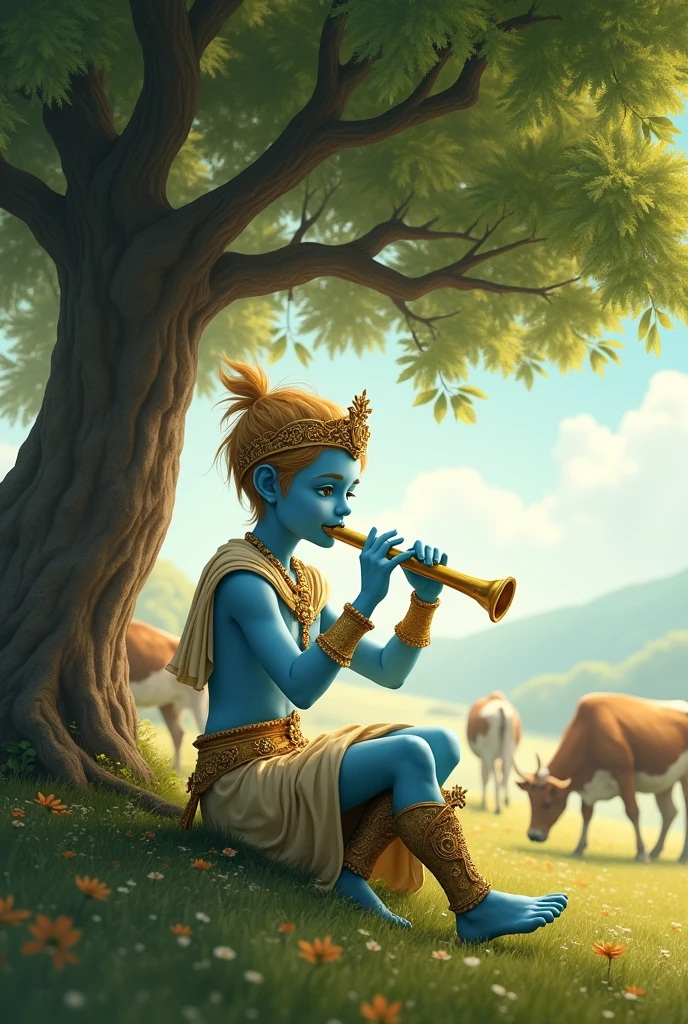 A young boy with light blue skin colour crown on his head with all gold accessories of gold sitting under a tree and whistling the flute with cows around