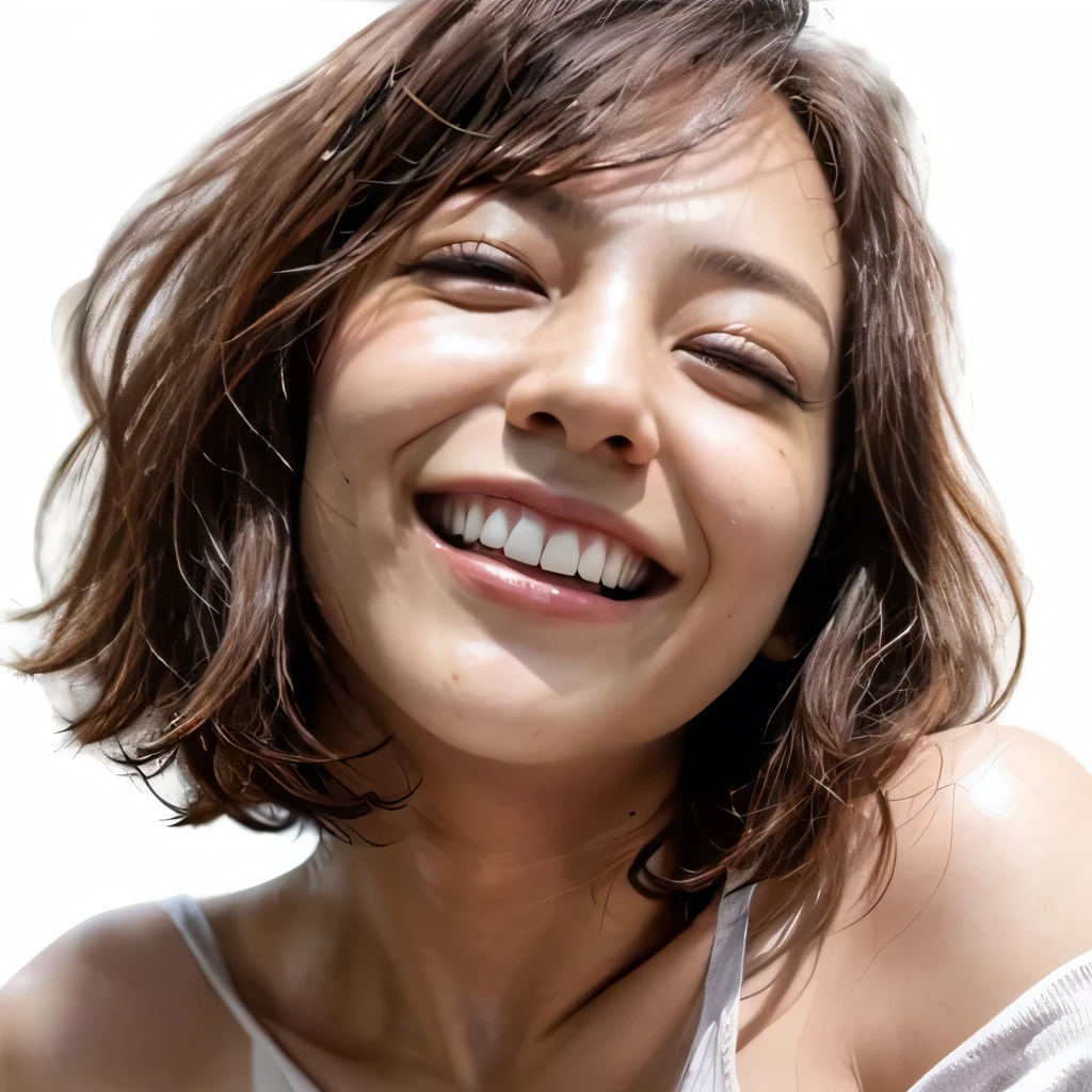(Squint your eyes and laugh:1.3、smile:1.3)、Close-up、(Realistic、Like a photograph、Live Action、8k, Realistic, RAW Photos, Best image quality: 1.4), Single-lens reflex camera、RAW Photos, Highest quality, Realistic, Very detailed CG Unity 8k wallpaper, Written boundary depth, Cinematic Light, Lens flare, Ray Tracing、Realistic background、((Ultra-dense skin))、short hair:1.2、stylish、Very detailed、Pay attention to the details、Perfect outfit、(White skin)、Very detailedな顔:1.5、close、Brown eyes、Detailed eyes、Plump pink lips