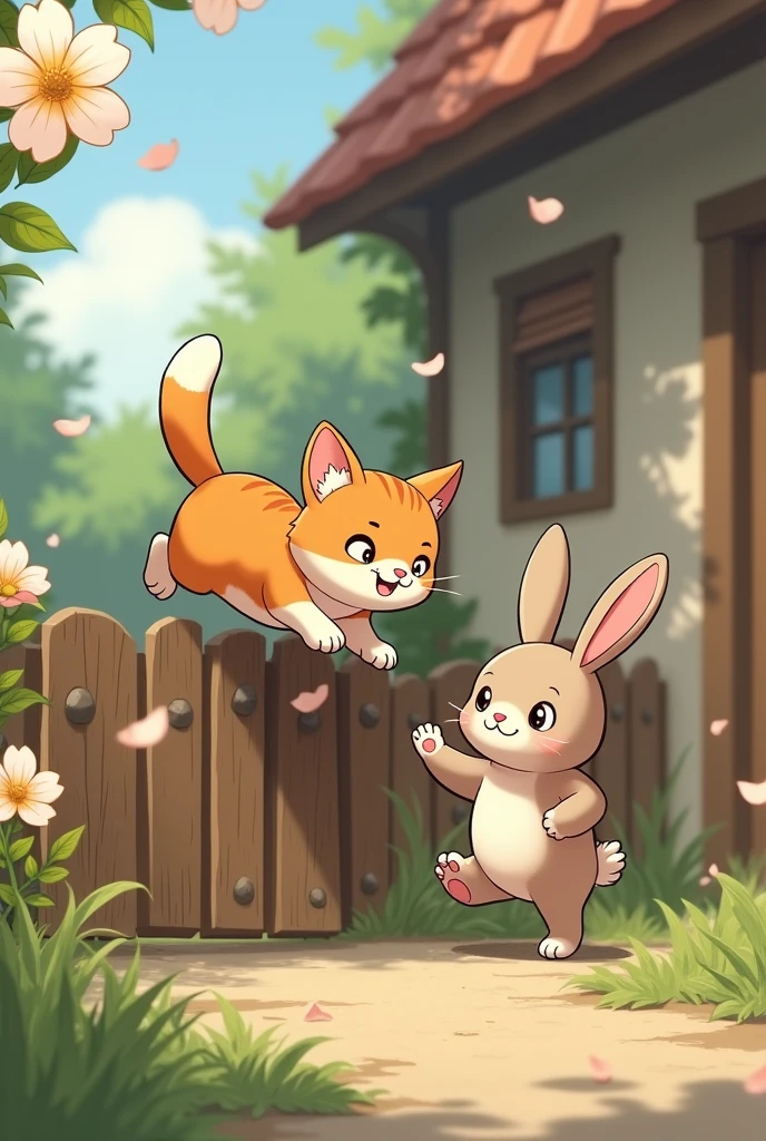 Both characters appear outside the house. The cat: Is jumping over a small wooden fence, agile with a mischievous smile. The rabbit: Is standing next to it, waving to greet the cat. A few flowers are blooming around, with petals gently blowing in the wind.daniel 3