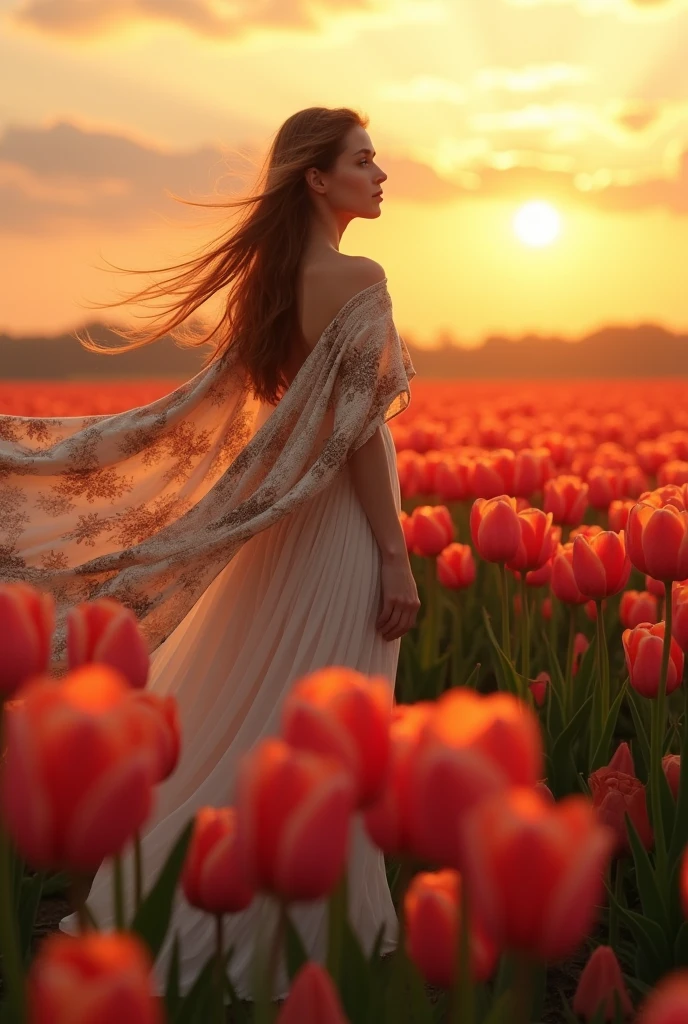 woman with Long hair, wearing long skirt, floral blanket in a field of tulip flowers, at sunset.