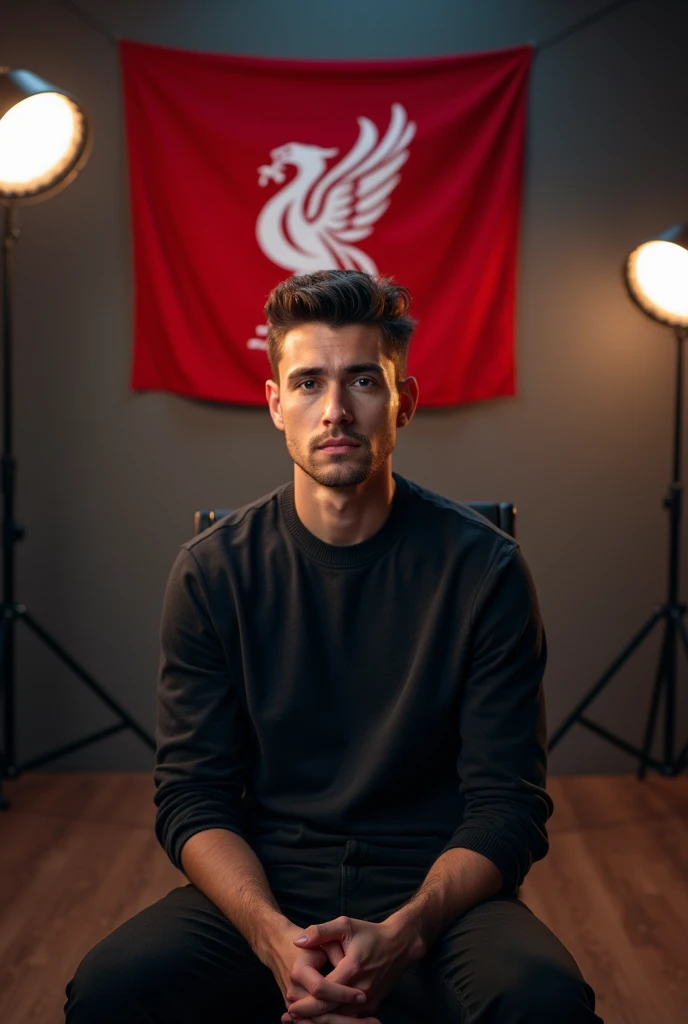 A young man,
sitting on a chair looking straight into camera with cinematic YouTube studio with Liverpool football flag