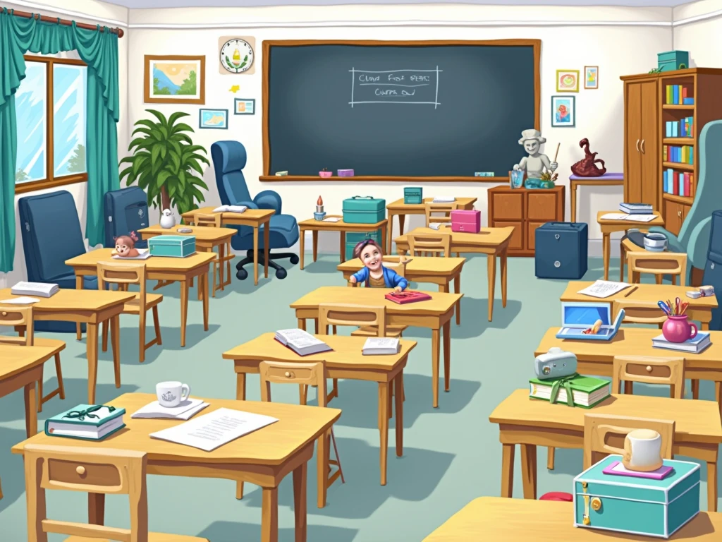 A photo of a classroom with school supplies. There are two suitcases near the wall. On the floor, under the table, is a pencil. On the chair is a book. In the magic box, the scissors. On the teacher's table, the ruler. Under the chair, the highlighter.