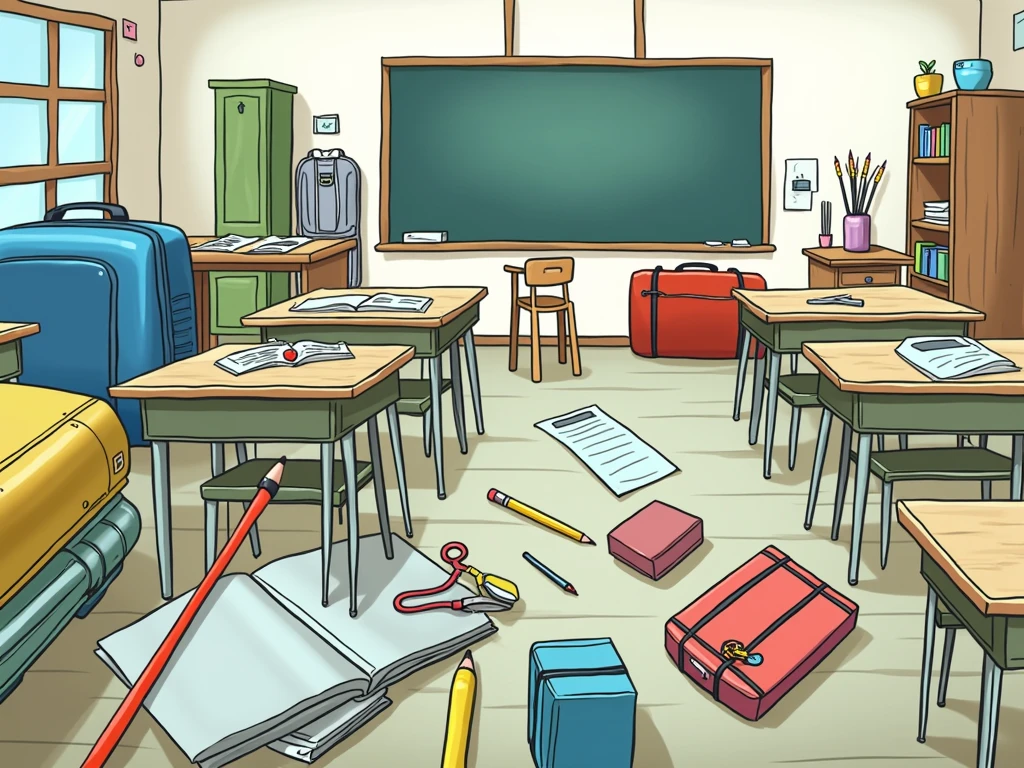 A photo of a classroom with school supplies. There are two suitcases near the wall. On the floor, under the table, is a pencil. On the chair is a book. In the magic box, the scissors. On the teacher's table, the ruler. Under the chair, the highlighter.