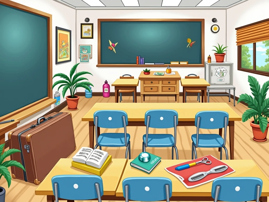 A photo of a classroom with school supplies. There are two suitcases near the wall. On the floor, under the table, is a pencil. On the chair is a book. In the magic box, the scissors. On the teacher's table, the ruler. Under the chair, the highlighter.