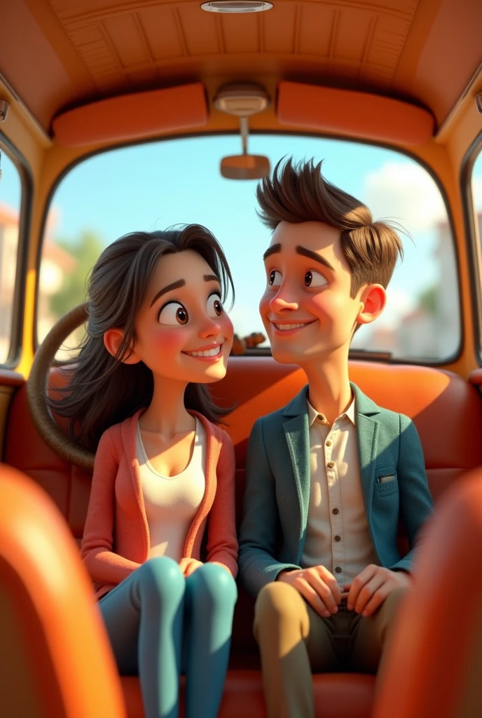 A married couple inside a Pixar car