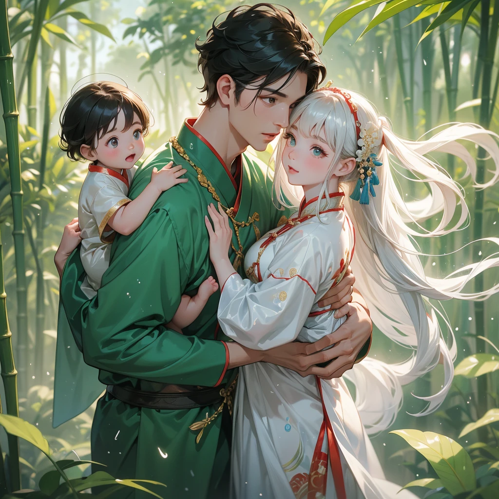 A one-year-old baby boy in an ancient Chinese baby costume with his beautiful mother, dressed in an white ancient Chinese costume, playing with each other, with his handsome father standing next to his mother, close up.

The back is a lush green bamboo forest. The air after rain has water droplets splashing around.