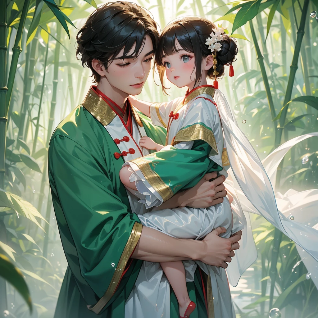 A one-year-old baby boy in an ancient Chinese baby costume with his beautiful mother, dressed in an white ancient Chinese costume, playing with each other, with his handsome father standing next to his mother, close up.
The back is a lush green bamboo forest. The air after rain has water droplets splashing around.