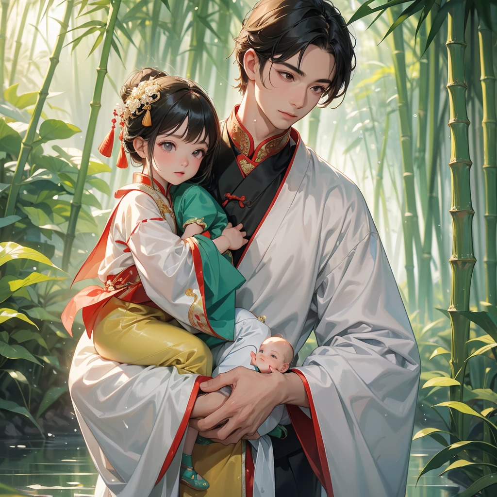 A one-year-old baby boy in an ancient Chinese baby costume with his beautiful mother, dressed in an white ancient Chinese costume, playing with each other, with his handsome father standing next to his mother, close up.

The back is a lush green bamboo forest. The air after rain has water droplets splashing around.
