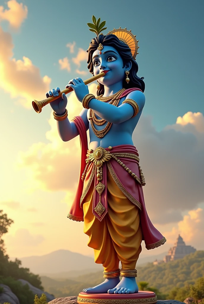 Create cinematic 3d cartoon style images "lord krishna huge statue playing flute"