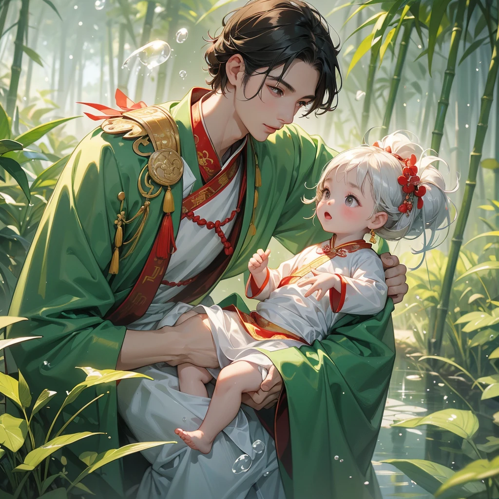 A -yead bab an ancient Chinese baby costume wiis beautiful mother, dressed in an white ancient Chinese costume, playing with each other, with his handsome father standing next to his mother, close up.

The back is a lush green bamboo forest. The air after rain has water droplets splashing around.