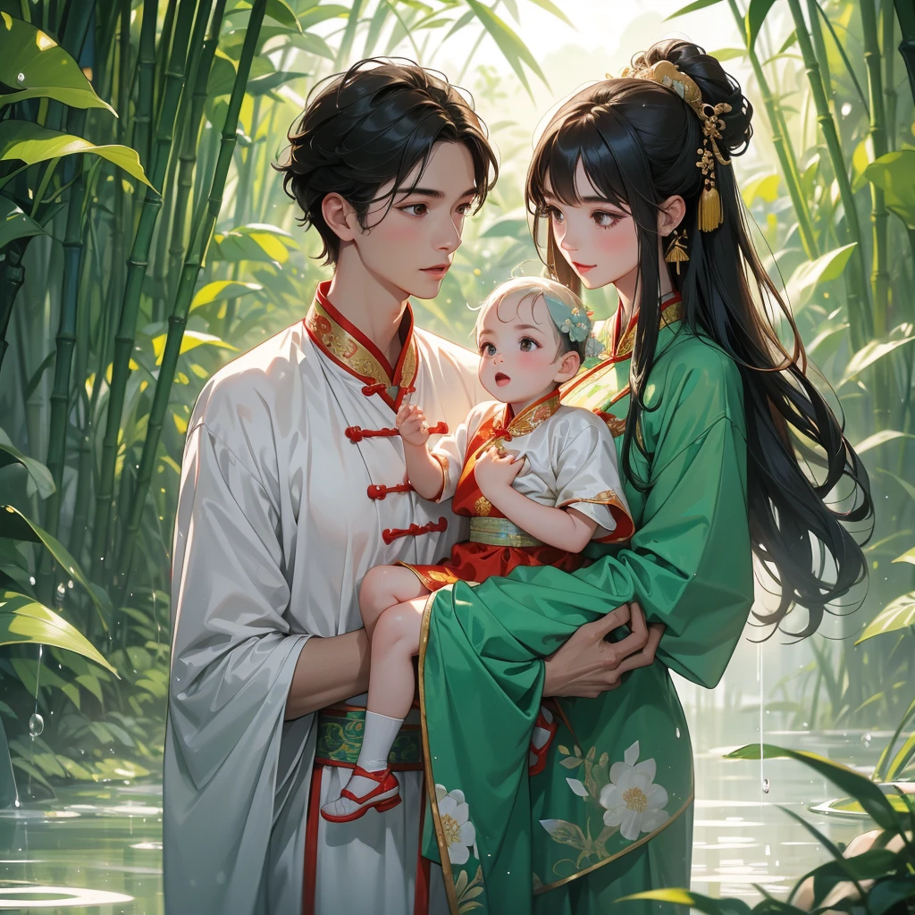 A one-year-old baby boy in an ancient Chinese baby costume with his beautiful mother, dressed in an white ancient Chinese costume, playing with each other, with his handsome father standing next to his mother, close up.

The back is a lush green bamboo forest. The air after rain has water droplets splashing around.