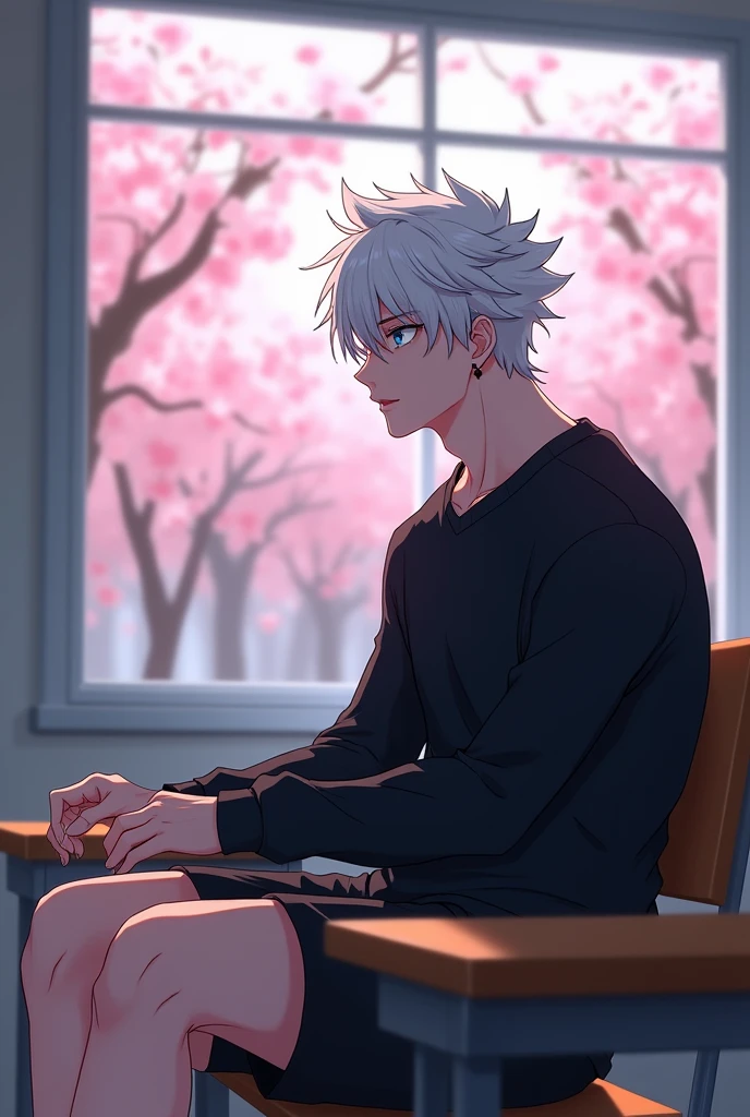 anime character, White hair, spiky hair, Pale skin, bright blue eyes, Long white eyelashes, male, muscular, black small earrings big glossy lips, classroom, sitting, looking at window cherry blossom trees, grey eyebrows, black sweater, black shorts