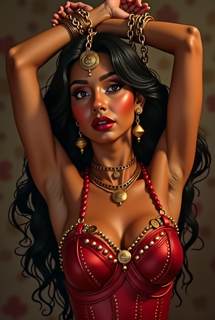 A stunning portrait of Jasmine from Aladdin, She is young and beautiful, hyper realistic, real portrait, backlit, exquisite features, cleavage, ????, seductive, wearing red slave outfit and captured in chains with her hands above her head