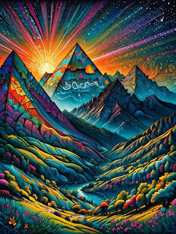 Masterpiece, Best composition, Dynamic composition, Colorful landscape painting, Pyramid with sunrise, Pyramid present in jungle, Sunrise right above pyramid, Psychedelic landscape, Vivid oil painting, Vivid abstract landscape, Color field painting. 8K, stunning colorful landscape, detailed impasto, colorful oil painting, colorful sky, large colorful image.