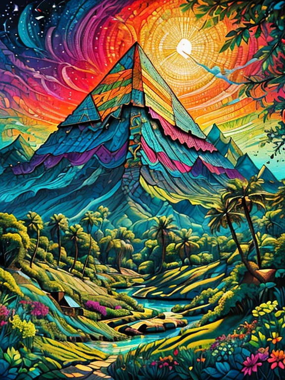 Masterpiece, Best composition, Dynamic composition, Colorful landscape painting, Pyramid with sunrise, Pyramid present in jungle, Sunrise right above pyramid, Psychedelic landscape, Vivid oil painting, Vivid abstract landscape, Color field painting. 8K, stunning colorful landscape, detailed impasto, colorful oil painting, colorful sky, large colorful image.