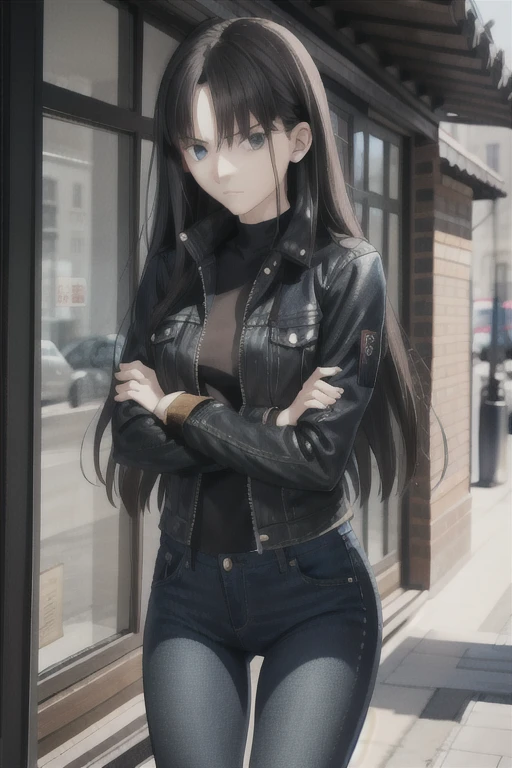 a young woman in a denim pants and black jacket stands with crossed arms, 1girl, solo, long hair, long slit eyes, black eyes, pants, jacket, denim, black hair, jeans, small breast, skinny, Cool Beauty, 