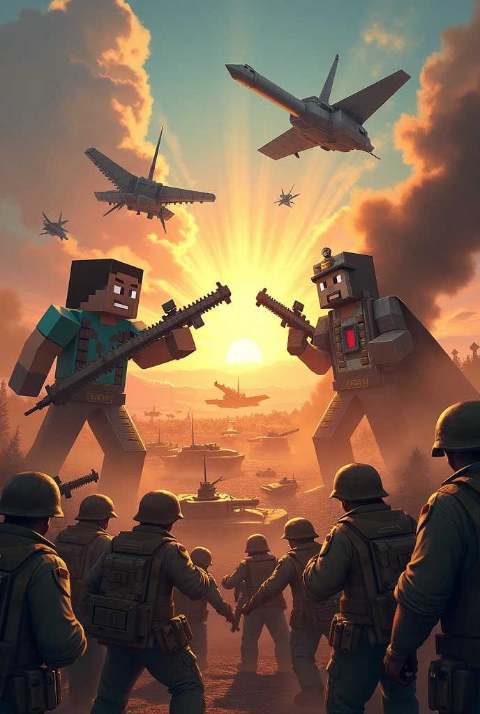 Try drawing a cover with two teams facing each other, holding weapons and soldiers below.,Tank,Armored vehicles and on top are missiles and aircraft from 2 teams running towards each other and the background is the morning sunlight. Team 1 is on the left, has Villager King from Minecraft, Pillager King from Minecraft, Cameraman from Skibidi toilet. Team 2 is on the right, has Kaya from Blue Archive game, Speakerman Kaiser Corporation.