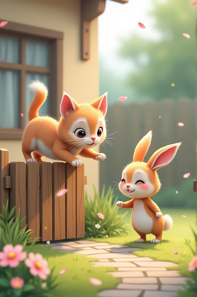 Both characters appear outside the house. The cat: Is jumping over a small wooden fence, agile with a mischievous smile. The rabbit: Is standing next to it, waving to greet the cat. A few flowers are blooming around, with petals gently blowing in the wind.daniel 3