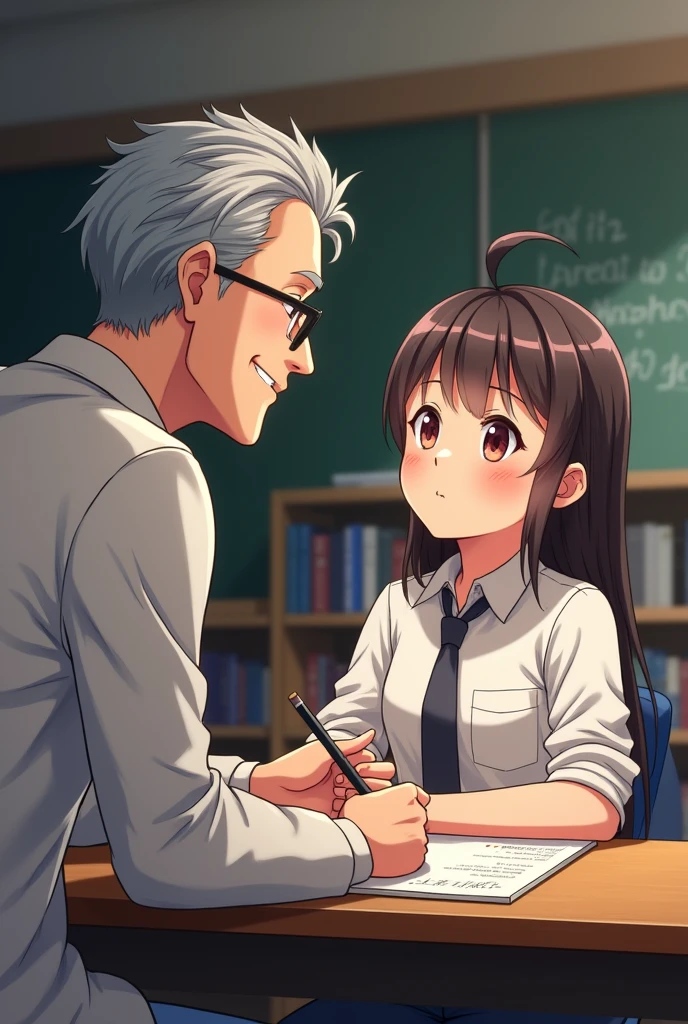 NSFW, (((Masterpiece, Best quality, photograph realistic))), (Shiny skin), (hyper HD, 8K wallpaper, high resolution), Perfect anatomy, Cinematic lighting, Physically-based rendering, Award-winning, Extremely detailed skin, extra detailed face, Eyes with beautiful details, Carl Zeiss 85 mm F/1.4, (1 man and 1 girl, couple:1.5), Cute 16 year old Japanese schoolgirl, sit on chair, (Black hair, Short Bob Cut, Brown eyes, face round), Medium breasts, Wet school shirt with ribbon, Navy pleated skirt lift, Navy blue high socks, (Nasal blush, Naughty, half lidded eyes, Drooling), Spread legs, thighs focus, In the classroom, blue hour, (A person is an old man, An old man holds the girl from behind:1.5), An old man in a suit, (An old man touches a girl's panties:1.5), [Full body shot], Shot from below，White yogurt on the legs，The girl showed her tongue expression，The old man held a thick black breadstick and inserted it in the girl's panties