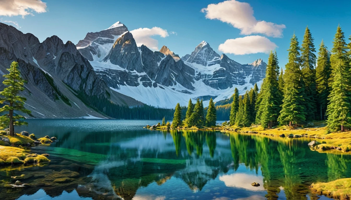 Create an ultra-realistic and highly detailed panoramic landscape that captures the essence of a pristine alpine environment. The scene features a tranquil lake with mirror-like reflections, perfectly echoing the towering, snow-capped mountain peaks in the background. The mountains are rugged and imposing, with their sharp, jagged edges contrasting beautifully against a crystal-clear blue sky. Dense forests of tall, evergreen pine trees frame the lake, their vibrant green hues adding depth and richness to the scene. The lighting is soft and warm, suggesting the golden hours of dawn or dusk, with gentle shadows that accentuate the textures of the terrain. The overall atmosphere is one of serene solitude, where nature’s grandeur is on full display, untouched and majestic, evoking a sense of peace and awe in the viewer
