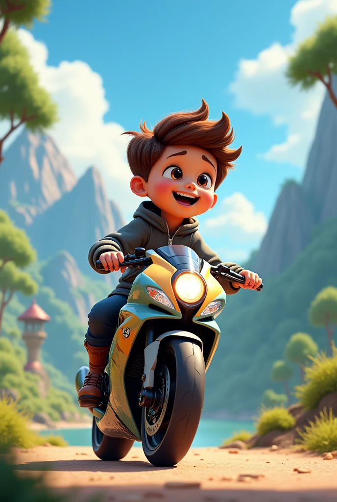 Generate Animation of sports bike rider boys or girl playing musical instrument or singing on sceneries background