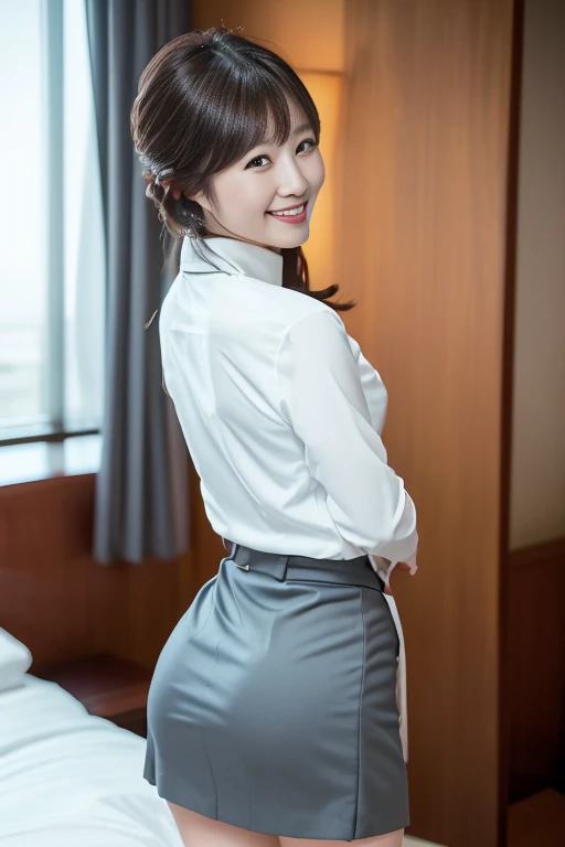 Masterpiece, highest quality, photo quality, 4K high resolution, beautiful Japanese mature woman, (detailed eyes, detailed facial expression), white tight business shirt, cotton tight skirt, dark gray tight skirt, beautiful legs visible, beautiful thighs visible, ((back view, woman turns around)), smiling, ((pose that emphasizes the buttocks)), buttocks, woman has very strong sexual appeal, photo taken in a luxury hotel room, beautiful eyes, beautiful face, bob hair, beautiful legs visible from the hem of the skirt with bangs, smiling gently while showing some teeth, color high resolution photo from head to knees, photo taken with a wide-angle lens, full body photo,