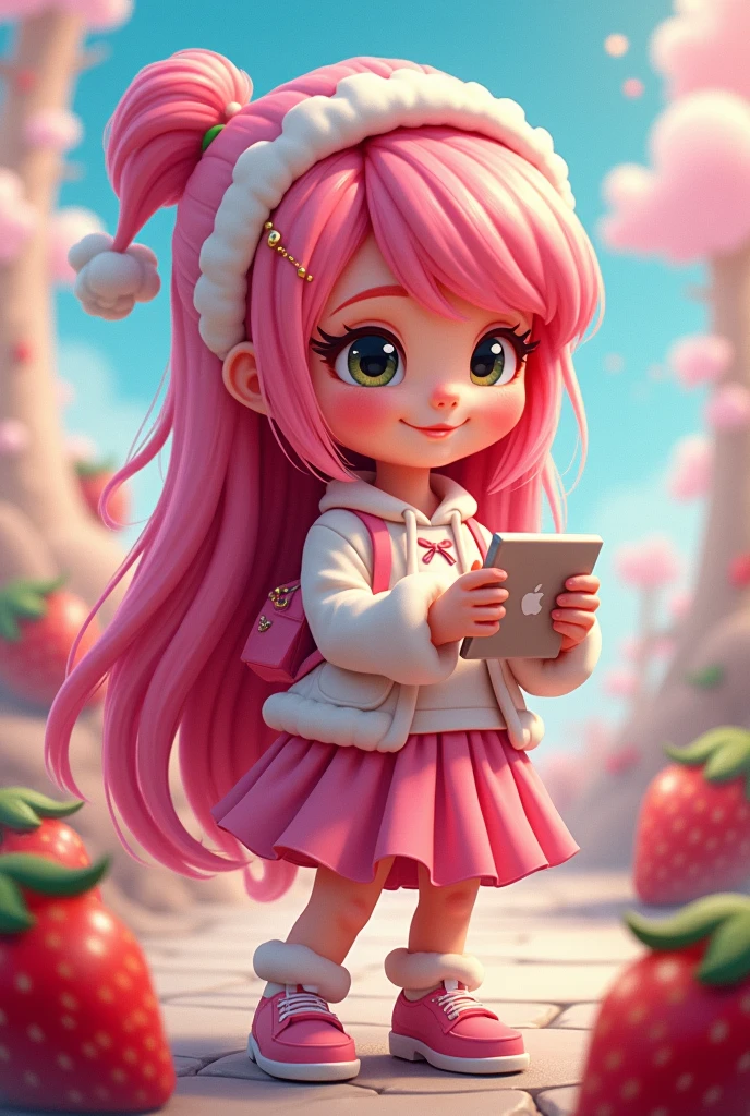 Strawberry Shortcake from the Facebook influencer cartoon holding a phone or computer with black hair