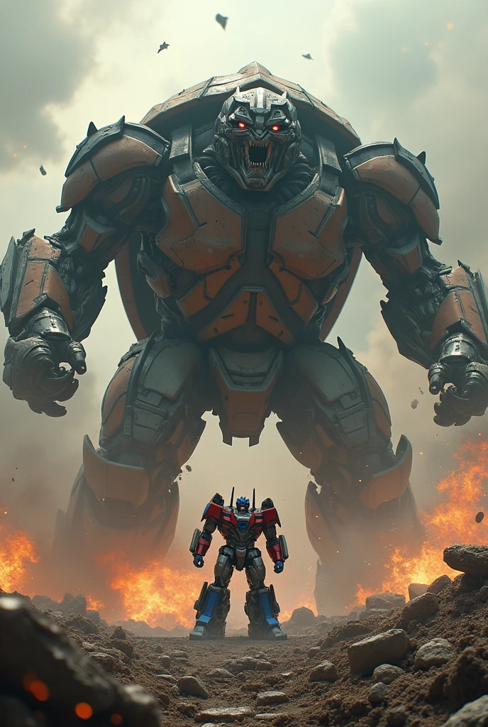 Optimus Prime, robot, transforming robot, Turtle Monster, giant monster, fighting, battle, epic battle, earth, destruction, ruins, debris, smoke, explosion, dramatic lighting, cinematic, mecha, sci-fi, hyper detailed, 8k, photorealistic, masterpiece, dynamic pose, intense action, cinematic composition