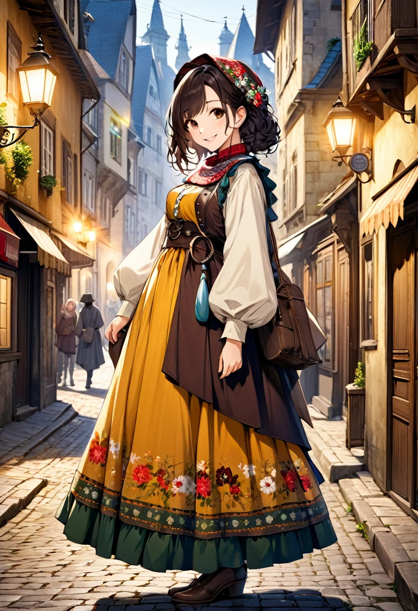 Young woman in Western Europe in gorgeous colored folk costume, full body seen from the side, smiling Caucasian, dark hair, brown eyes, staring into the camera, small light source, old European street, best image quality.