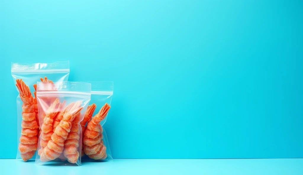 Create a horizontal banner image: 1920px and height: 1080px of dried shrimp in bright ocean blue, The banner photo has a few small packages of dried shrimp packed in the corner of the banner.. Bright ocean blue banner takes up most of the image area.