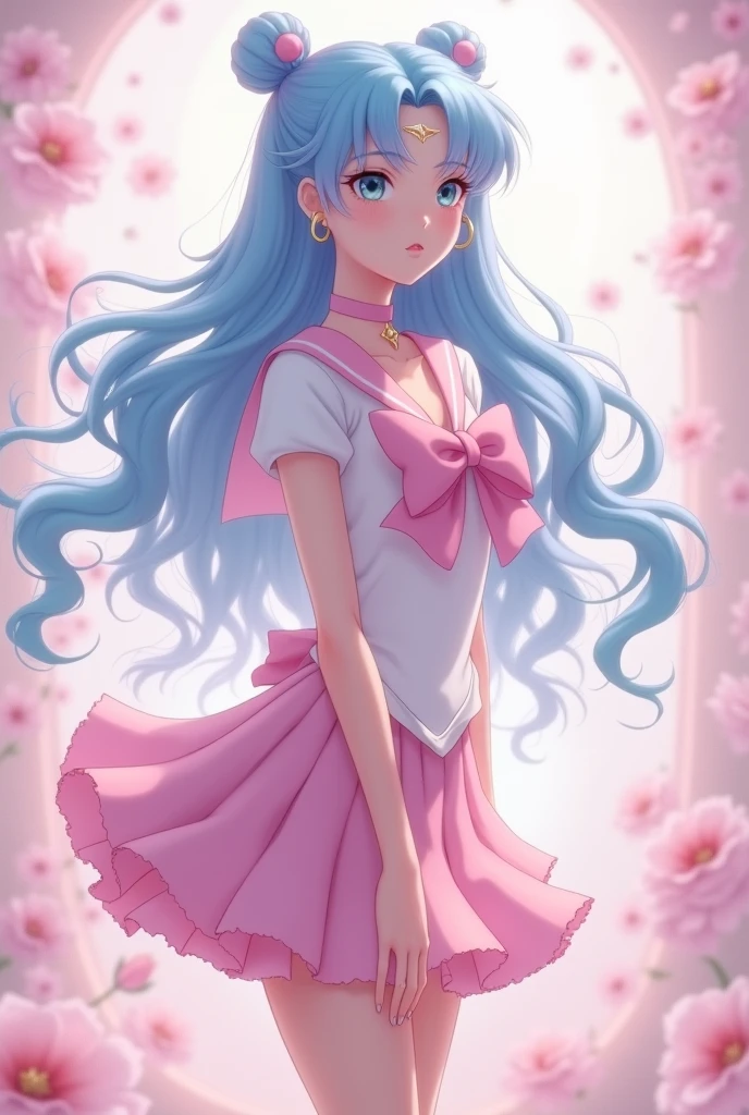 girl blue hair with pastel pink highlights, skinny body and waist, Long hair, estiló sailor moon, very pastel pink sailor moon costume
