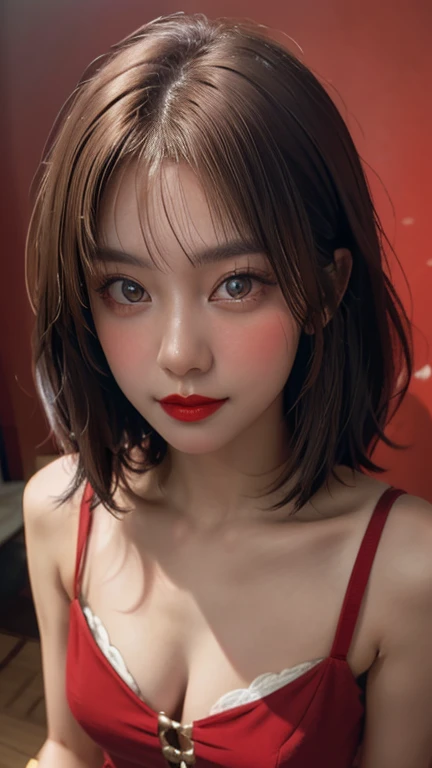 (masterpiece, high quality, Fisheye Lens:1.2), (Close-up portrait:1.1), alone, Model photoshoot, (red theme:1.1), Stylish girl, dora, Brown Hair, Brown eyes, red lipstick, red eye shadow, red面, (freckles:0.7), (European, 2:1.3), sexy, Pure innocence, (A light smile:0.8), Prostitute vibe, in love, simple red dress, Cleavage, Detailed and natural skin texture, A seductive gaze, Detailed lighting, (red:1.1) Wall Background, Shallow depth of field, Romantic atmosphere, Dreamy pastel palette, Whimsical details, captured on film, Browsing Caution