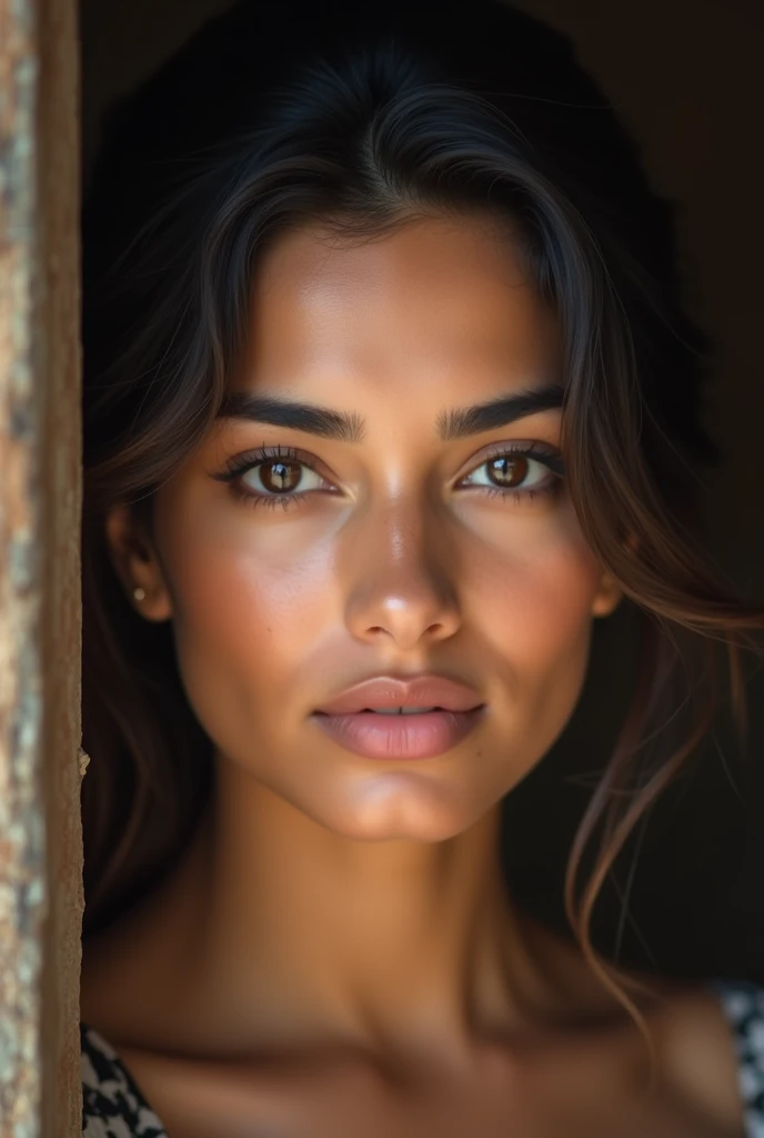 There is a young, Beautiful indian woman, who looks to the future like Katrina Kaif. She stands there and looks into the camera, a portrait from raw photo. 