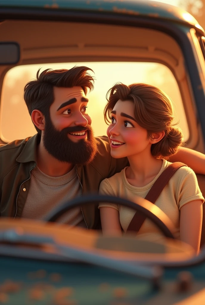 A married couple inside a car, the one with the beard, pixar
