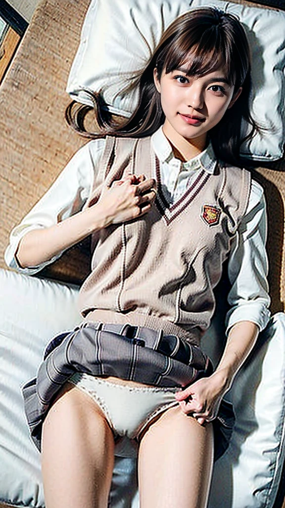 masterpiece, Highest quality, High resolution,8k, 1 hair clip, Tokiwadai School Uniform 、Tokiwadai school emblem on the left chest、グレーのスカート、Photorealistic,bedroom、Lying in bed、smile、Roll up your skirt to show your underwear、Pure white panties、Grey Skirt