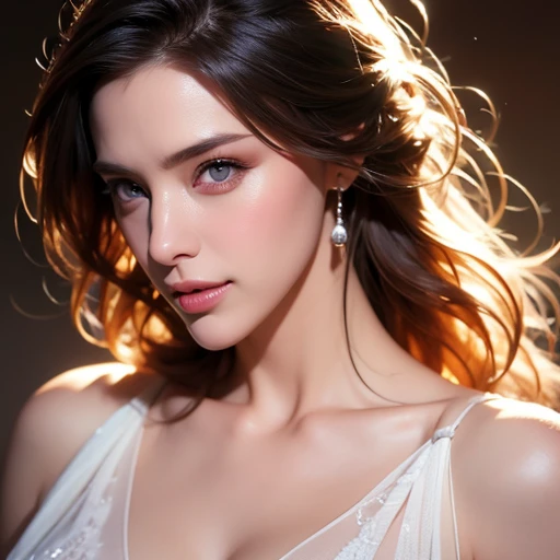 Fashion model [[[[close-up]]], cleavage chest, bare neck, bare shoulders, Perfect eyes, Perfect iris, Perfect lips, Perfect teeth, Perfect skin, Ray tracing, Soft front light, Glow, dynamic lighting, in the dark,  highest quality, realistic, Super detailed, finely, High resolution, 8k wallpaper, HDR, (Soft color: 1.2), Best quality, masterpiece, ultra high res, (photorealistic:1.37), raw photo, t-shirt, table top, 1 beautiful woman is mature girl around 2, she has beautifull face, detailed eyes and face, beautifull eyes, long hair, [[light brown messy hair]]. She is wearing an open-necked shirt. sharp focus, perfect dynamic composition, beautiful and detailed eyes, thin hair, Detailed realistic skin texture, smile, [[close-up portrait,]] model body shape, body shape, cleavage, tropical beach, thin and long legs Translated with DeepL.com (free version), Top Quality, Masterpiece, (Realistic:1.2). She has detailed face, beautiful eyes, (Masterpiece:1.2, Top Quality), (fine beautiful eyes: 1. 2). (highly detailed Cg Unity 8K wallpaper, Masterpiece, Top Quality, super detailed, best shadow), [[high contrast]], (best lighting, very delicate and beautiful), she has beautiful detailed glow, glamorous body, blond hair, purple eyes. ((From front, full body shot of female model woman from her head to her hips)). (detailed background), (beautiful detailed face, beautiful detailed eyes), best quality, Masterpiece, (Real:1. 2), tropical seaside, very detailed, super high resolution, super high image quality, 