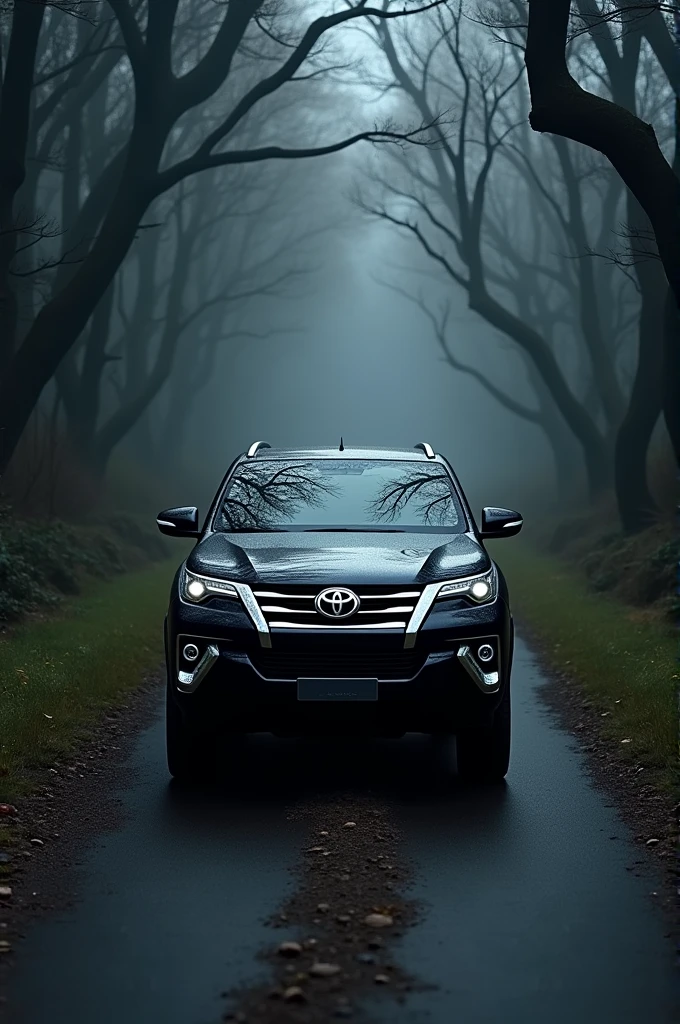 Black fortuner legender standing on road with black trees