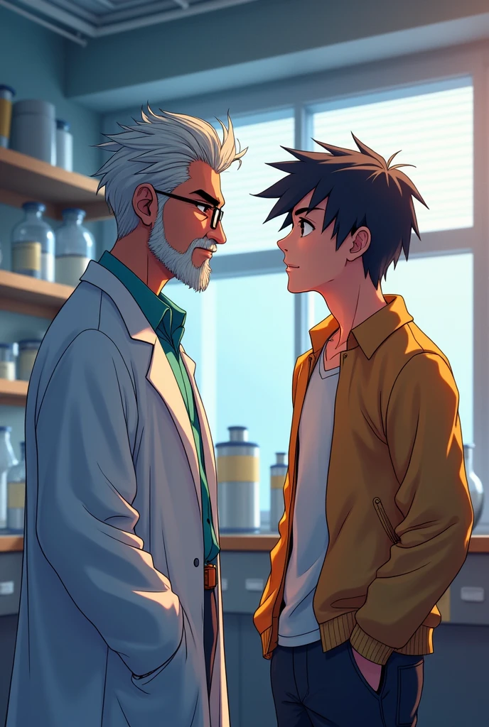 Make a male professor appreciating his male student in anime.