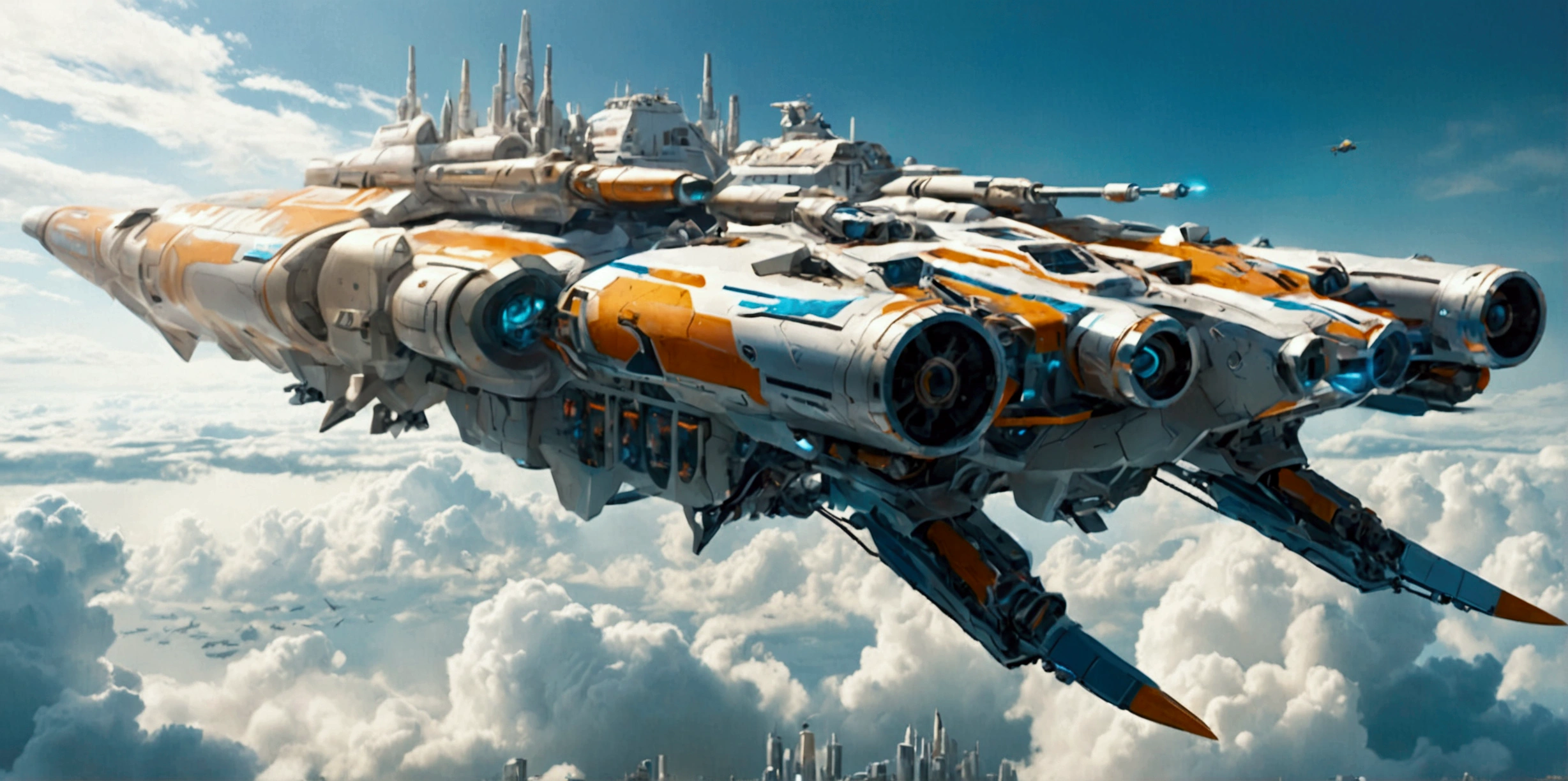 (best quality,ultra-detailed,realistic:1.37), A long wide giant heavily armored divine futuristic flying all terrain biomechanical space battleship covered in rainbow batik pattern and glowing javanese runic symbols, (multiple retractable cybernetic spider legs with wheels on the tips), divine halo, flying hovercraft, flying submarine, flying aircraft carrier, flying hotel, flying resort, flying city, flying skyscraper, flying cruise ship, flying yacht, flying castle, flying military base, multiple thrusters, multiple helipad, multiple propeller, mobile headquarters, mobile command center, automatic turrets, missile banks, missile defense system, multi-port rear engine arrays, large pivoted missile pods, anti-air batteries, reactive armour over vital spaces, VTOL thrusters, ventral ground-facing VTOL thruster bays, retractable center cannon, super carrier, sky carrier, space station, floating city, floating castle, white background