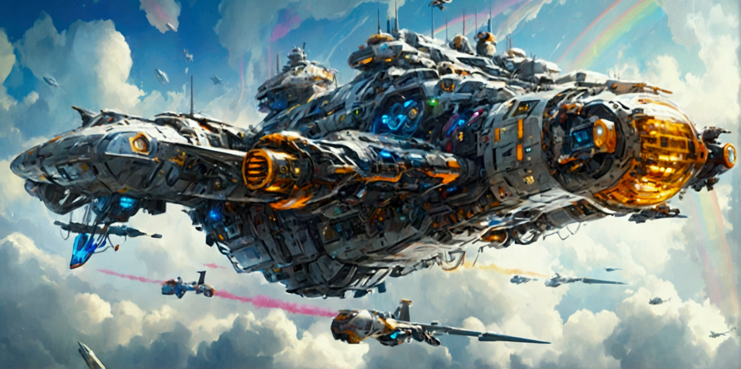 (best quality,ultra-detailed,realistic:1.37), A long wide giant heavily armored divine futuristic flying all terrain biomechanical space battleship covered in rainbow batik pattern and glowing javanese runic symbols, (multiple retractable cybernetic spider legs with wheels on the tips), divine halo, flying hovercraft, flying submarine, flying aircraft carrier, flying hotel, flying resort, flying city, flying skyscraper, flying cruise ship, flying yacht, flying castle, flying military base, multiple thrusters, multiple helipad, multiple propeller, mobile headquarters, mobile command center, automatic turrets, missile banks, missile defense system, multi-port rear engine arrays, large pivoted missile pods, anti-air batteries, reactive armour over vital spaces, VTOL thrusters, ventral ground-facing VTOL thruster bays, retractable center cannon, super carrier, sky carrier, space station, floating city, floating castle, white background
