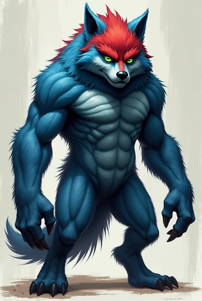 Furry blue wolf, red hair, red Eyebrow, green eyes, man