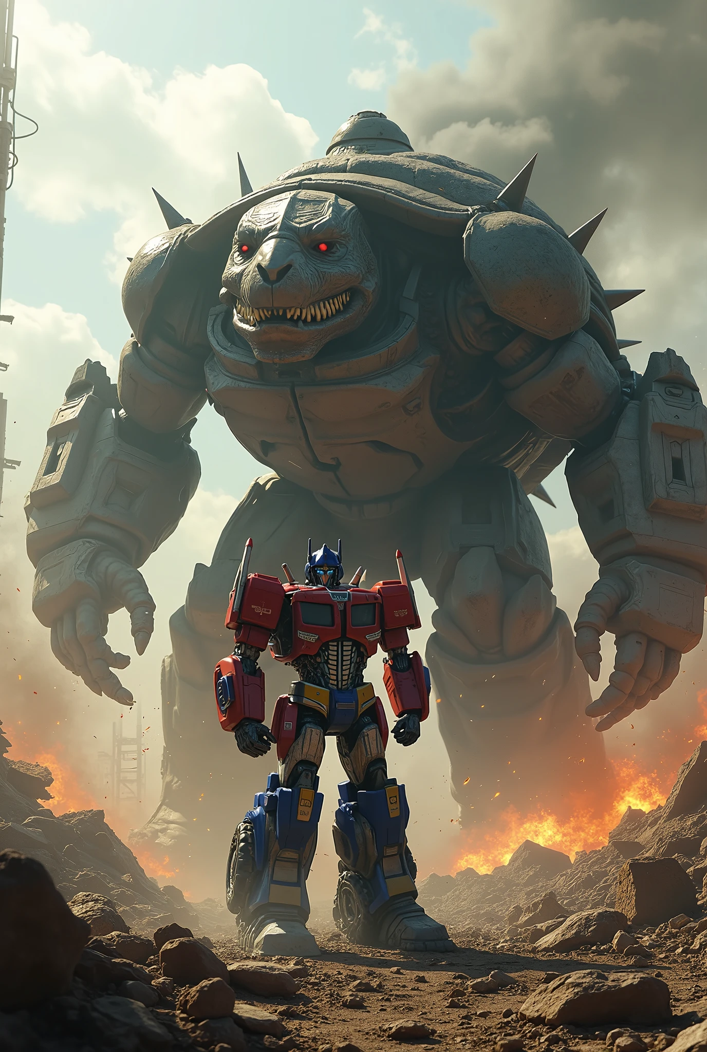 Optimus Prime, robot, transforming robot, Turtle Monster, giant monster, fighting, battle, epic battle, earth, destruction, ruins, debris, smoke, explosion, dramatic lighting, cinematic, mecha, sci-fi, hyper detailed, 8k, photorealistic, masterpiece, dynamic pose, intense action, cinematic composition