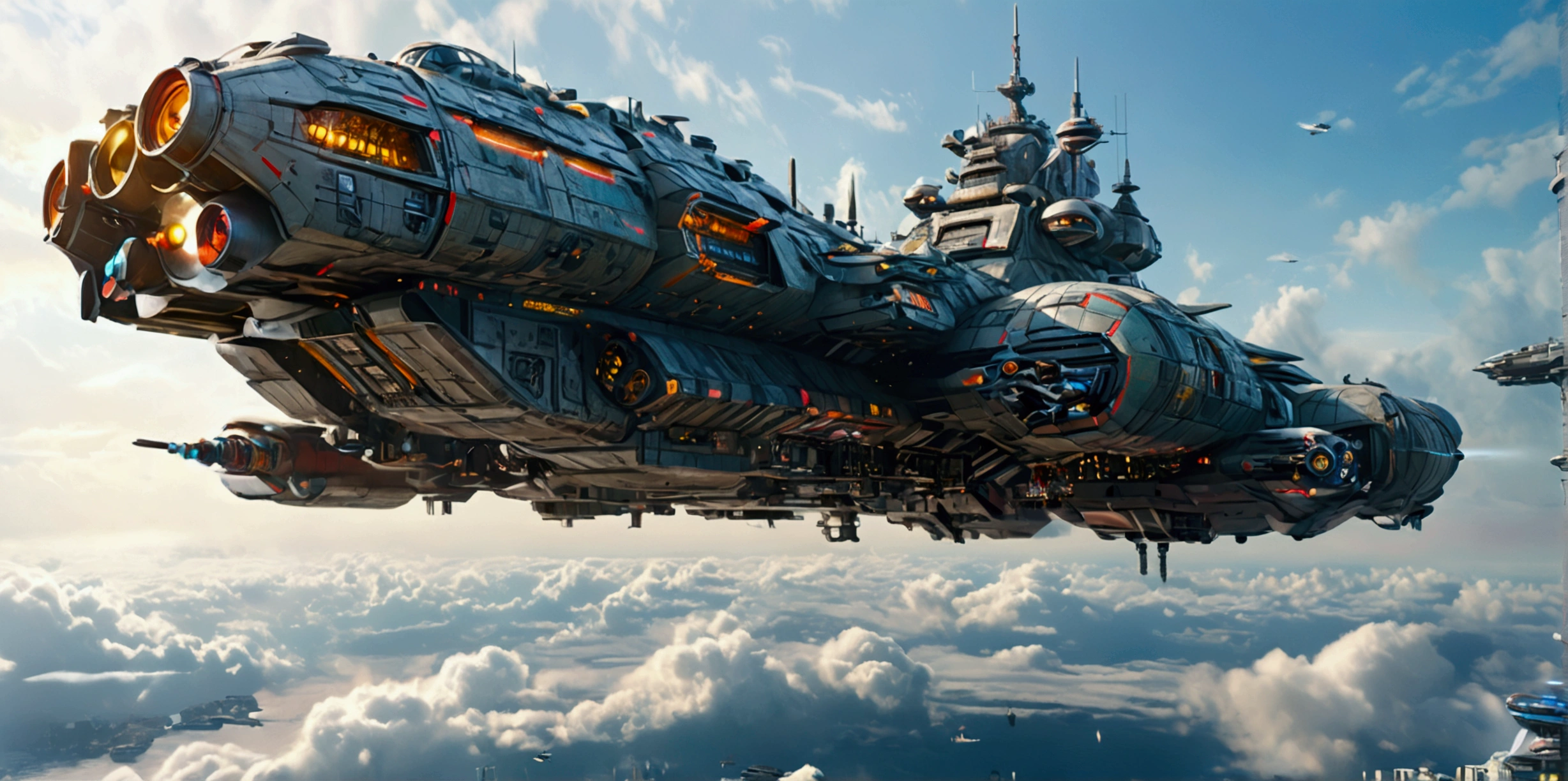(best quality,ultra-detailed,realistic:1.37), A long wide giant heavily armored divine futuristic flying all terrain biomechanical space battleship covered in rainbow batik pattern and glowing javanese runic symbols, (multiple retractable cybernetic spider legs with wheels on the tips), divine halo, flying hovercraft, flying submarine, flying aircraft carrier, flying hotel, flying resort, flying city, flying skyscraper, flying cruise ship, flying yacht, flying castle, flying military base, multiple thrusters, multiple helipad, multiple propeller, mobile headquarters, mobile command center, automatic turrets, missile banks, missile defense system, multi-port rear engine arrays, large pivoted missile pods, anti-air batteries, reactive armour over vital spaces, VTOL thrusters, ventral ground-facing VTOL thruster bays, retractable center cannon, super carrier, sky carrier, space station, floating city, floating castle, white background
