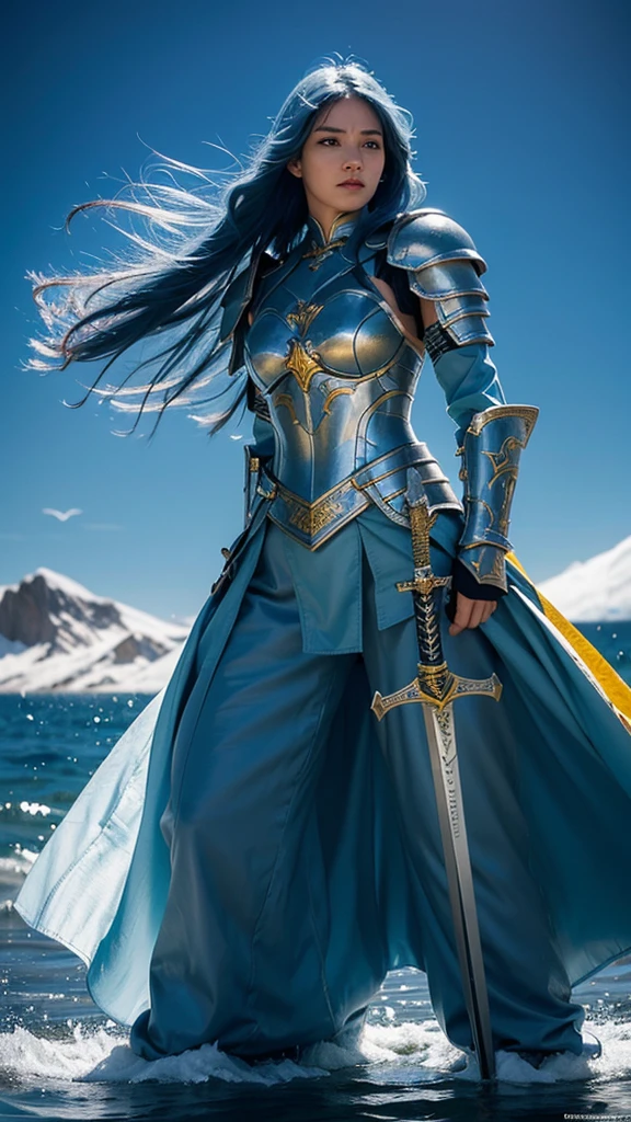 “Create a hyper-realistic image of a female warrior with long blue hair, wearing a beautifully designed armor with white and yellow accents. The armor is highly detailed and intricately crafted, emphasizing its elegance. The warrior is holding a large sword, poised in a ready stance, as if preparing for battle. The scene should be so realistic that it appears to be a photograph, capturing the warrior’s intense expression, the texture of the armor, and the gleaming surface of the sword in stunning detail. The background should feature elements of the sea, blending seamlessly with the overall composition to enhance the atmosphere.”