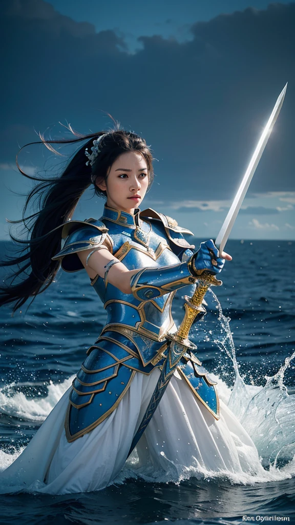 “Create a hyper-realistic image of a female warrior with long blue hair, wearing a beautifully designed armor with white and yellow accents. The armor is highly detailed and intricately crafted, emphasizing its elegance. The warrior is holding a large sword, poised in a ready stance, as if preparing for battle. The scene should be so realistic that it appears to be a photograph, capturing the warrior’s intense expression, the texture of the armor, and the gleaming surface of the sword in stunning detail. The background should feature elements of the sea, blending seamlessly with the overall composition to enhance the atmosphere.”