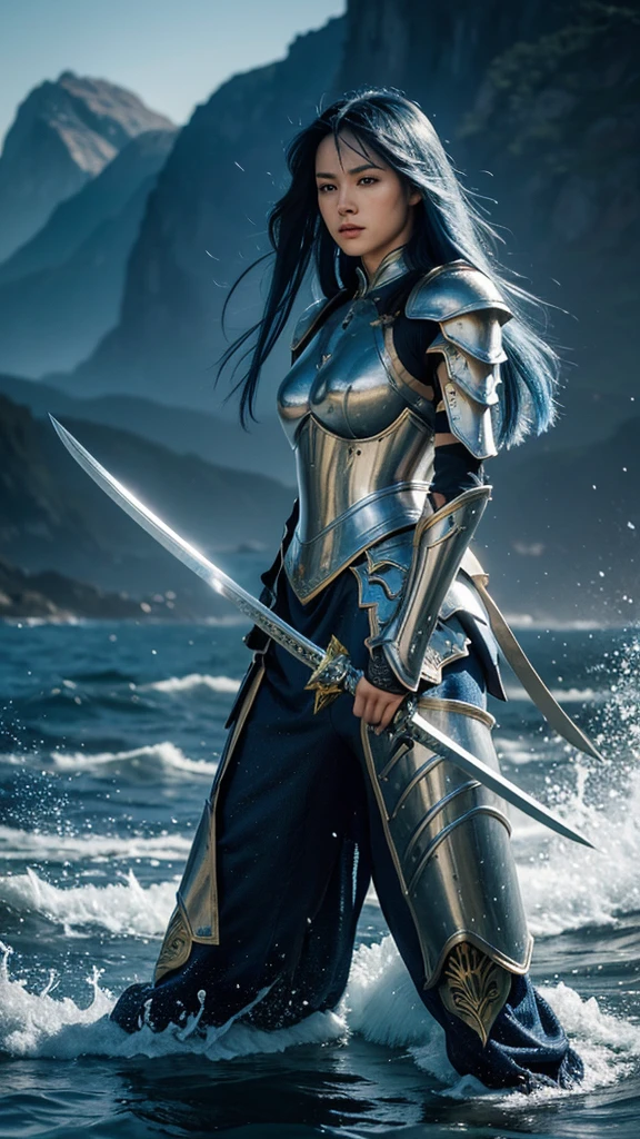 “A highly detailed, high-quality image featuring a female warrior with long, flowing blue hair, wearing intricately designed blue armor. She is depicted as merging seamlessly with a majestic blue dragon, creating a powerful yet feminine presence. The dragon’s scales are meticulously textured, blending with the warrior’s armor in a way that emphasizes their unity. The scene is set on a dramatic cliffside, with the warrior and dragon overlooking the vast ocean. Above them, the sky is filled with towering, highly detailed cumulonimbus clouds, adding to the epic and dynamic atmosphere of the scene. The entire image is rendered in ultra-high resolution, capturing every detail in vivid clarity, from the textures of the armor and scales to the dramatic lighting and shadows.”
