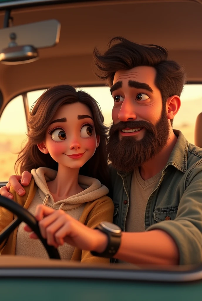 A married couple inside a car, the one with the beard, pixar
